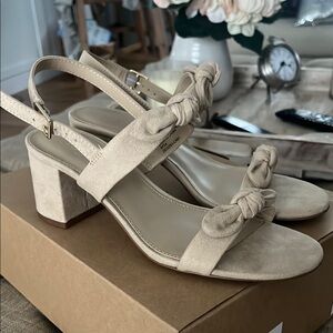 J.CREW - NEW in Box- Sueded Double Bow Heel Sandal- color is Vintage Sandstone